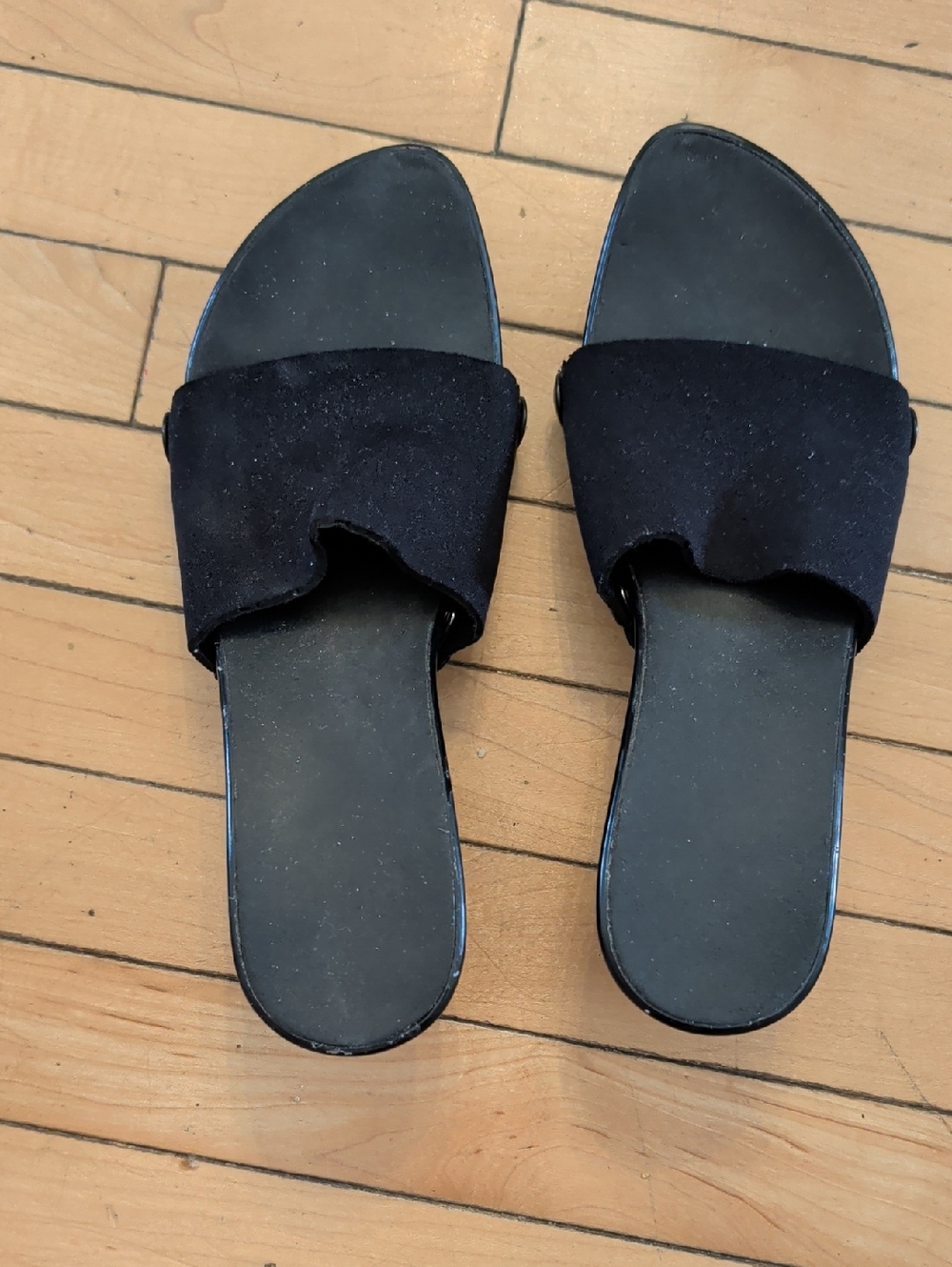 Women's Black Slide Sandals with Wide Suede Strap